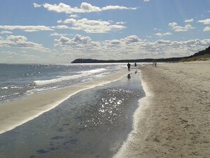 Ein Strand mit blauem Himmel und einigen Personen, die am Ufer entlanggehen.