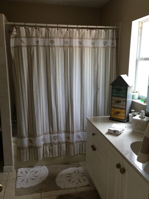 Combined shower/tub, jetted tub, hair dryer, towels