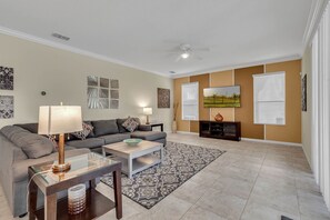 Smart TV, DVD player, foosball, stereo