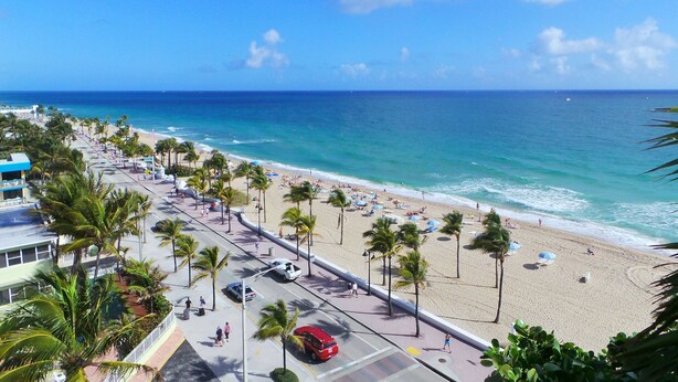A beachside road with palm trees, a beach, and the ocean. - Close to beach, downtown, airport. Entire Apt. (Fort Lauderdale)