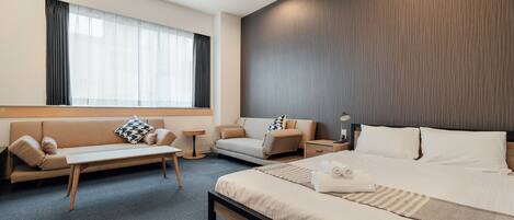 Desk, laptop workspace, blackout curtains, iron/ironing board