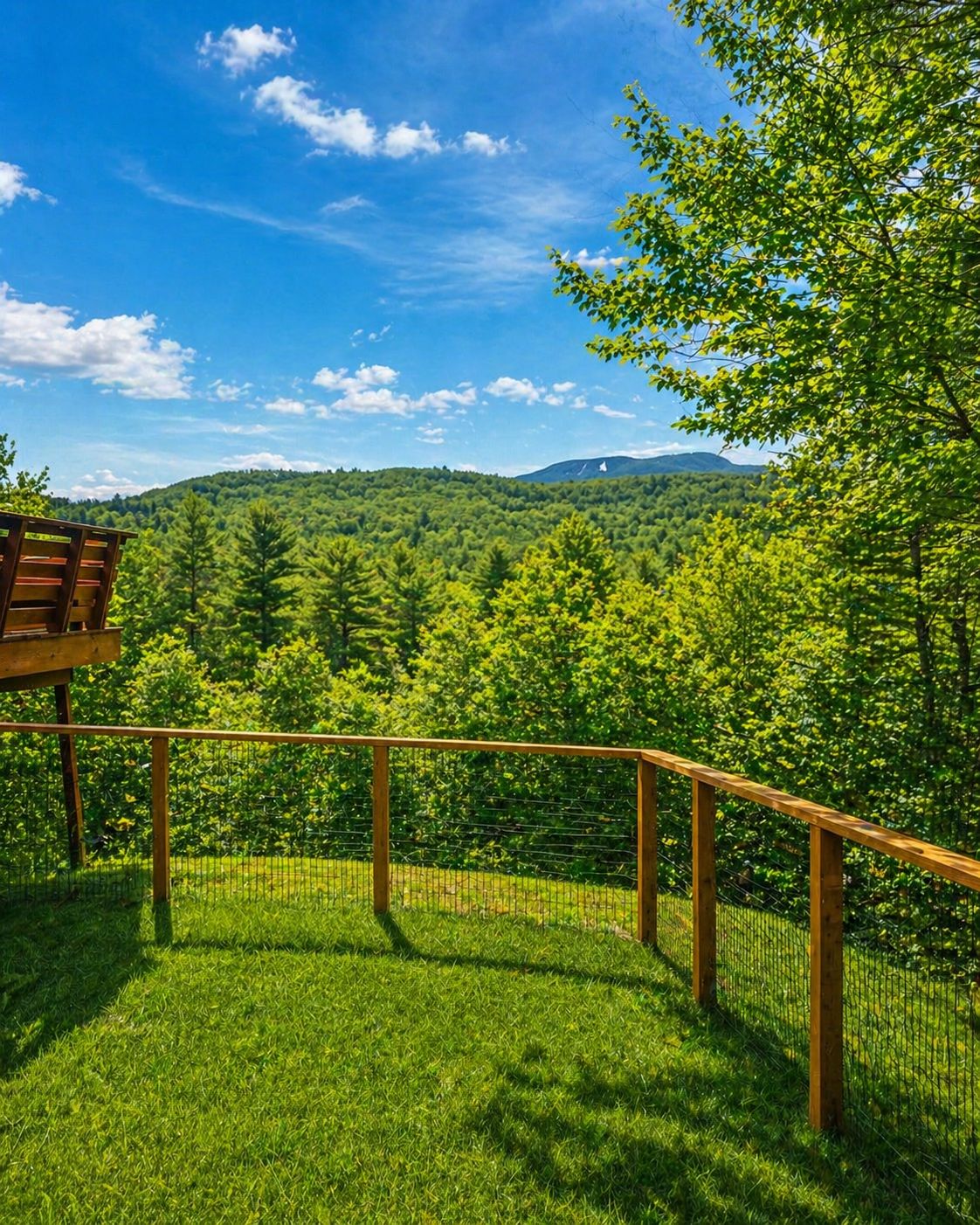 A wooden deck with a metal railing overlooking a lush green landscape with trees and hills.