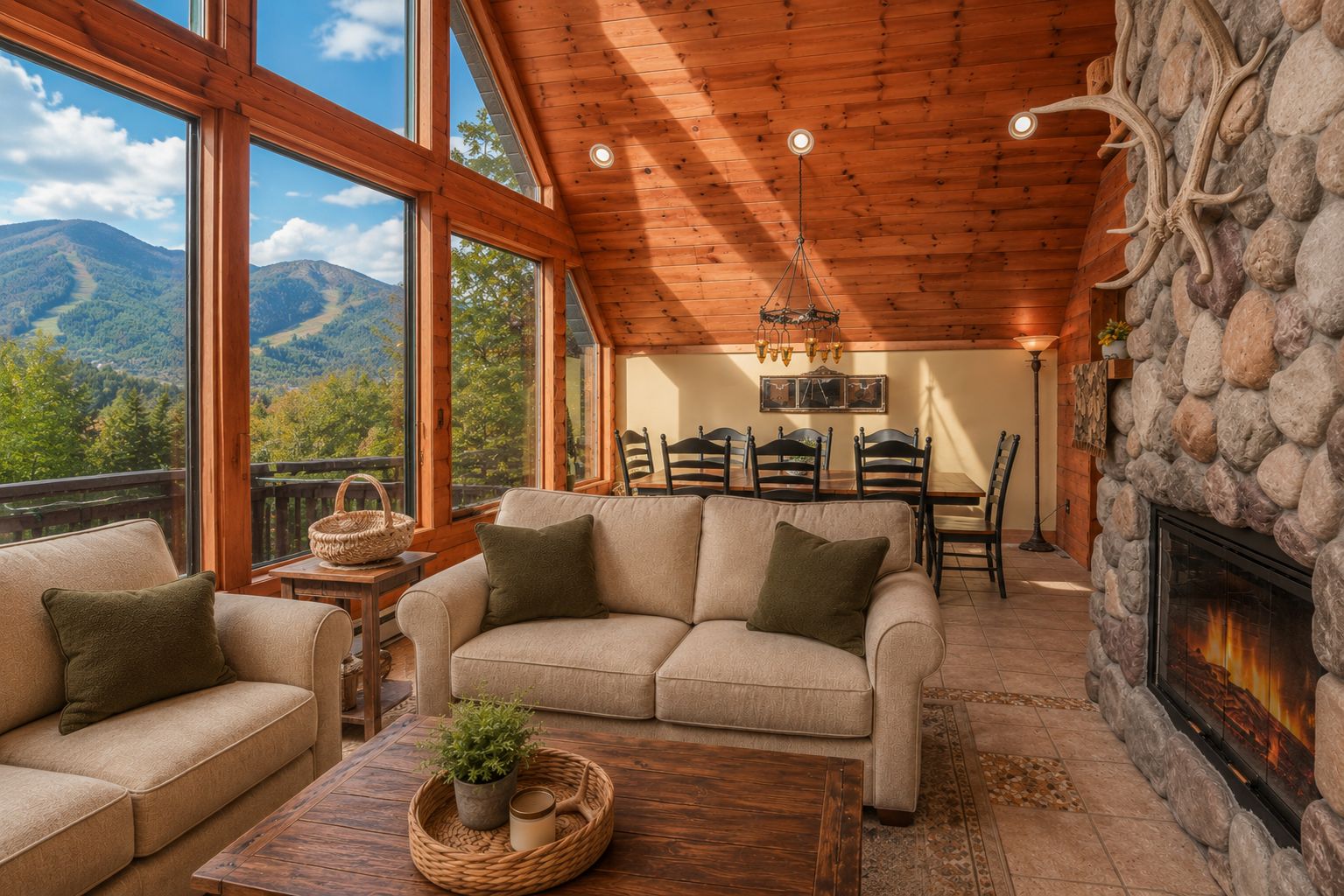 Un interior acogedor con chimenea, ventanas amplias y un comedor.