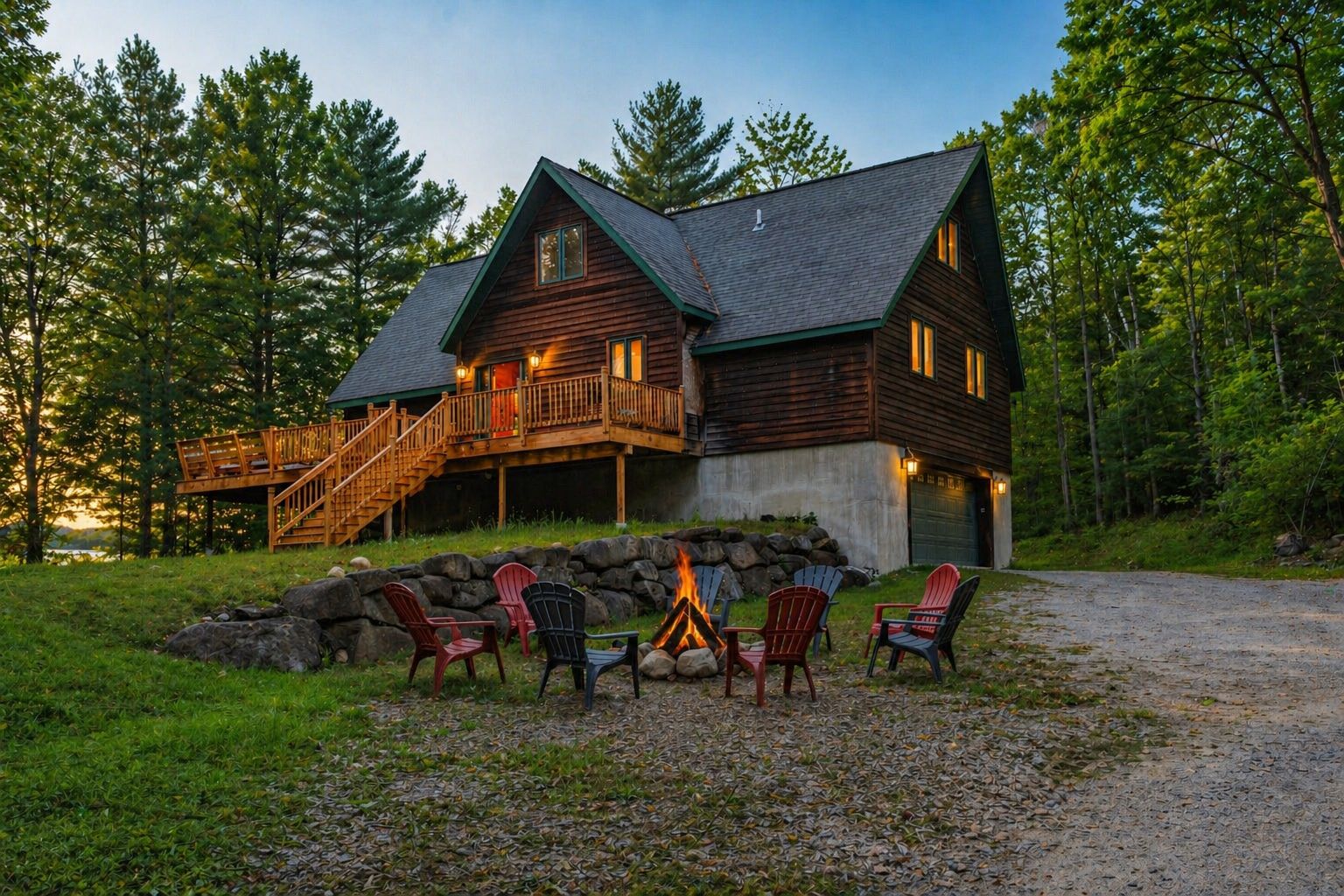 A log cabin with a deck, outdoor seating, and a fire pit.