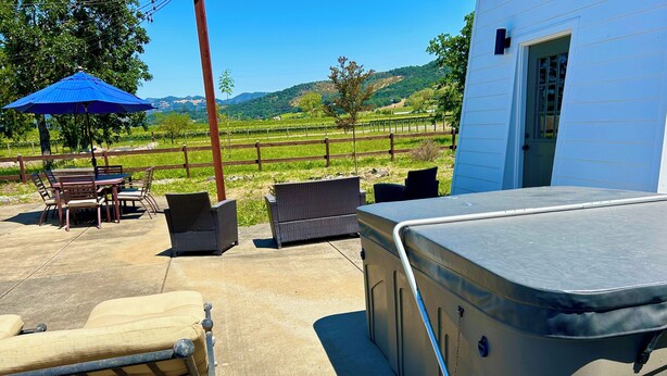 Un patio al aire libre con mobiliario, un jacuzzi y vistas a un viñedo.