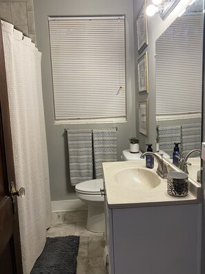 Combined shower/tub, hair dryer, towels, soap
