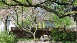 A garden with a wooden bench and a table, surrounded by greenery and a fence.