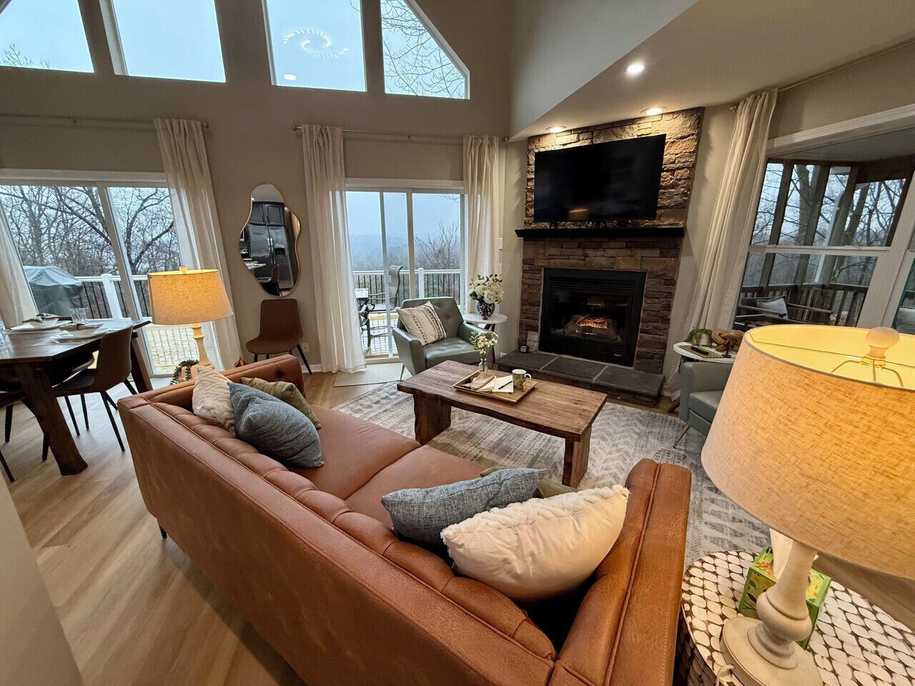 Televisión, chimenea, reproductor de DVD y tenis de mesa 