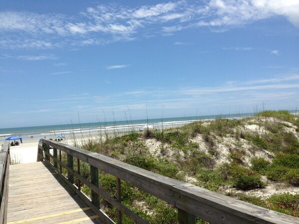 On the beach, sun-loungers, beach towels