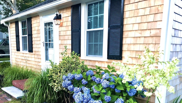 Een huis met een veranda, een raam met zwarte luiken en een tuin met blauwe hortensia's.