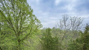 Un bain à remous sur une terrasse en bois, avec vue sur une pelouse et des arbres.