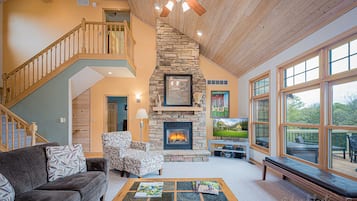 Smart TV, fireplace, DVD player, books
