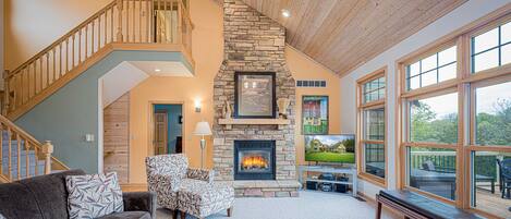 Smart TV, fireplace, DVD player, books