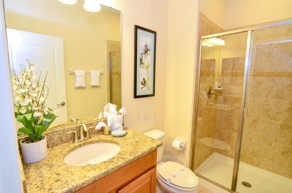 A bathroom with a granite countertop sink, a framed floral artwork, a potted plant, a toilet, and a glass-enclosed shower.