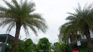 A residential area with palm trees, a white car, and a house with a red sign. - Thai House Hotel & Resort Hat Yai (Hat Yai)