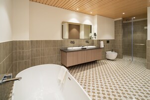 Shower, rainfall showerhead, free toiletries, hair dryer