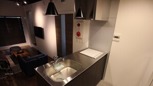 A modern kitchen with a stainless steel sink, dark cabinetry, and pendant lighting. - Neighbors Kaede (Osaka)