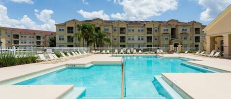 Outdoor pool, pool umbrellas, pool loungers