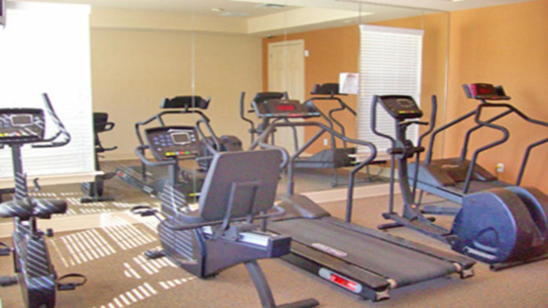 Une salle de remise en forme équipée de tapis de course, de vélos elliptiques et d’un vélo d’appartement.