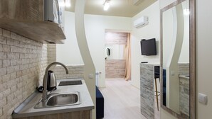A modern kitchen with a double sink, a built-in stove, and a flat-screen TV mounted on the wall.