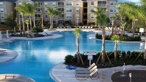 Seasonal outdoor pool, pool umbrellas, pool loungers