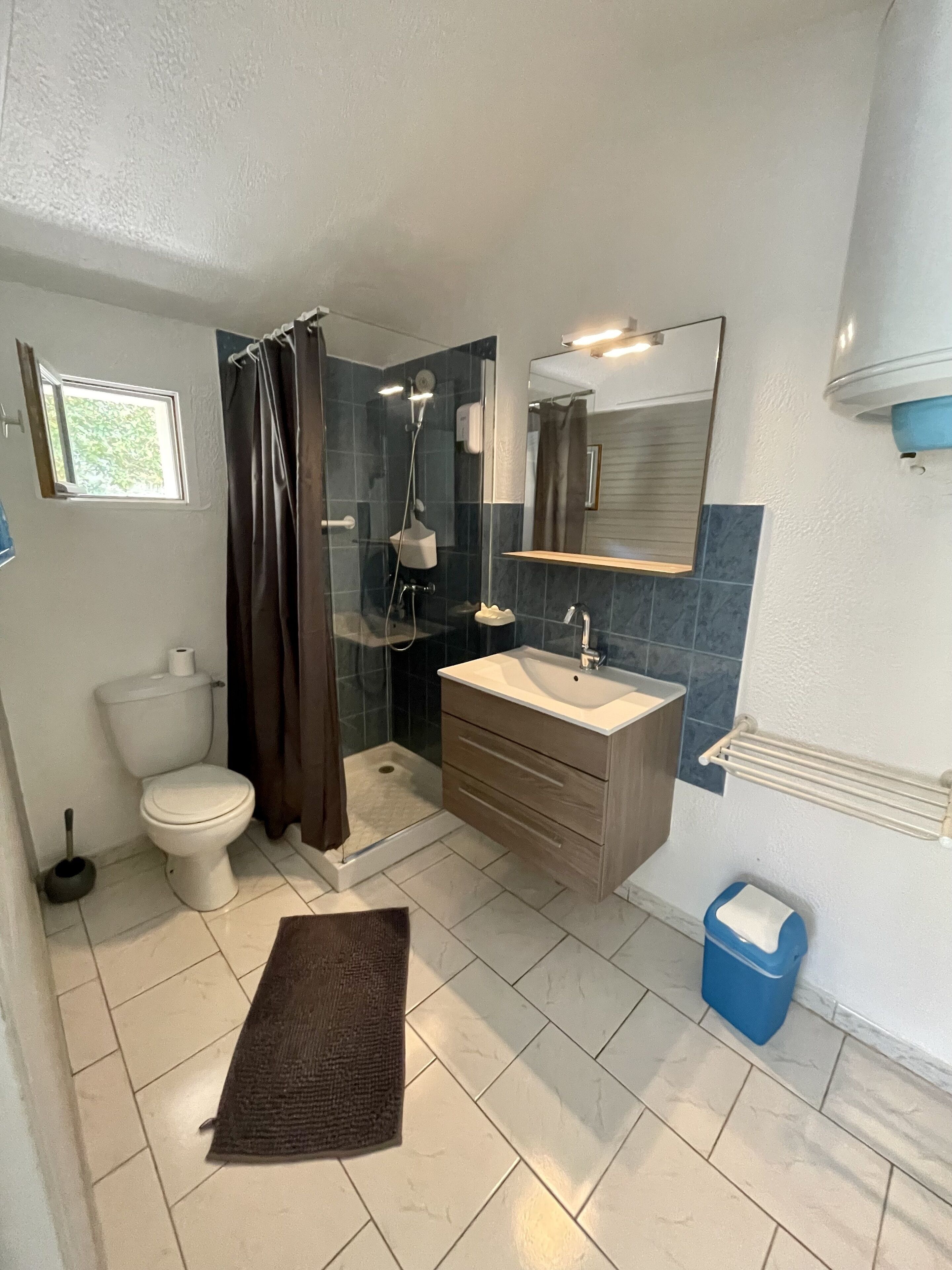 Un baño con inodoro, ducha, lavamanos y espejo.