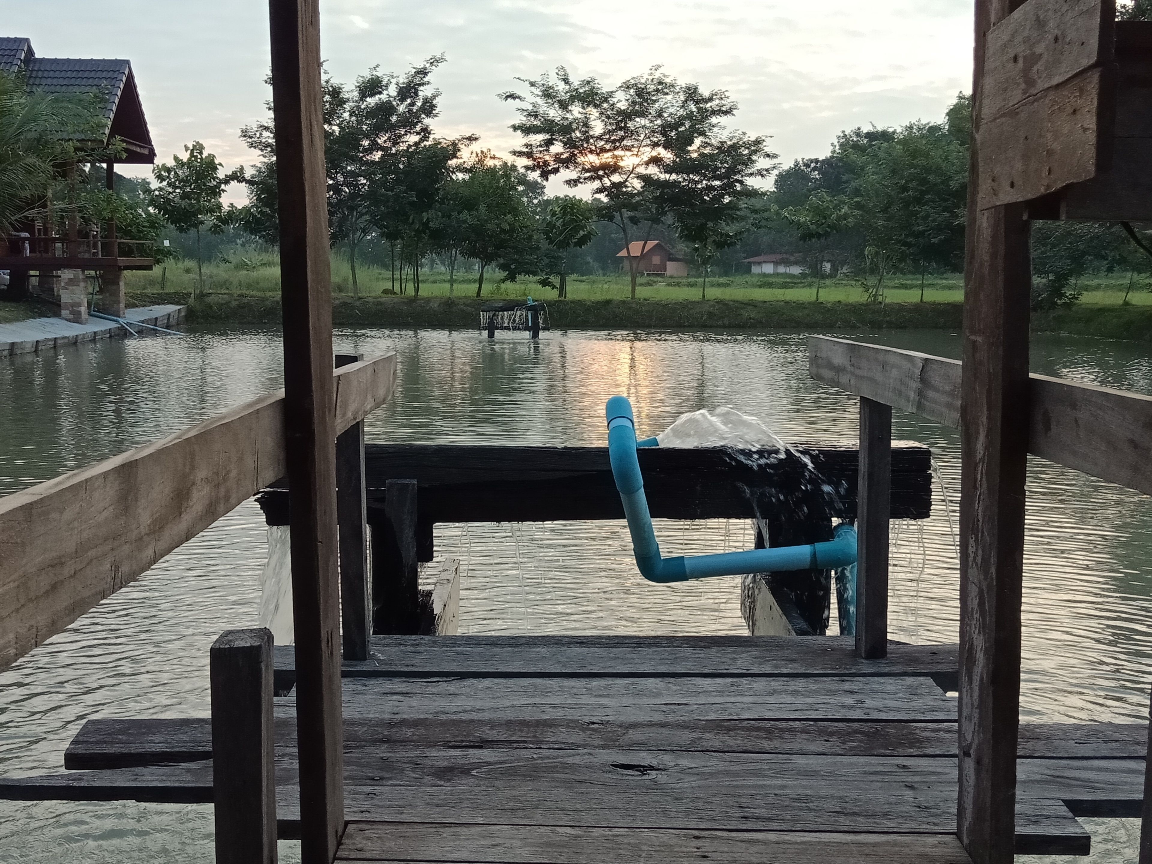 A wooden dock extending over calm water with a blue pipe.