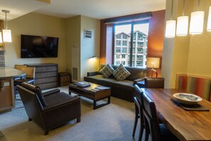 Studio | Living area | Flat-screen TV, fireplace - Studio Steps to Red Pine Gondola & Canyons Village by RedAwning (Park City)