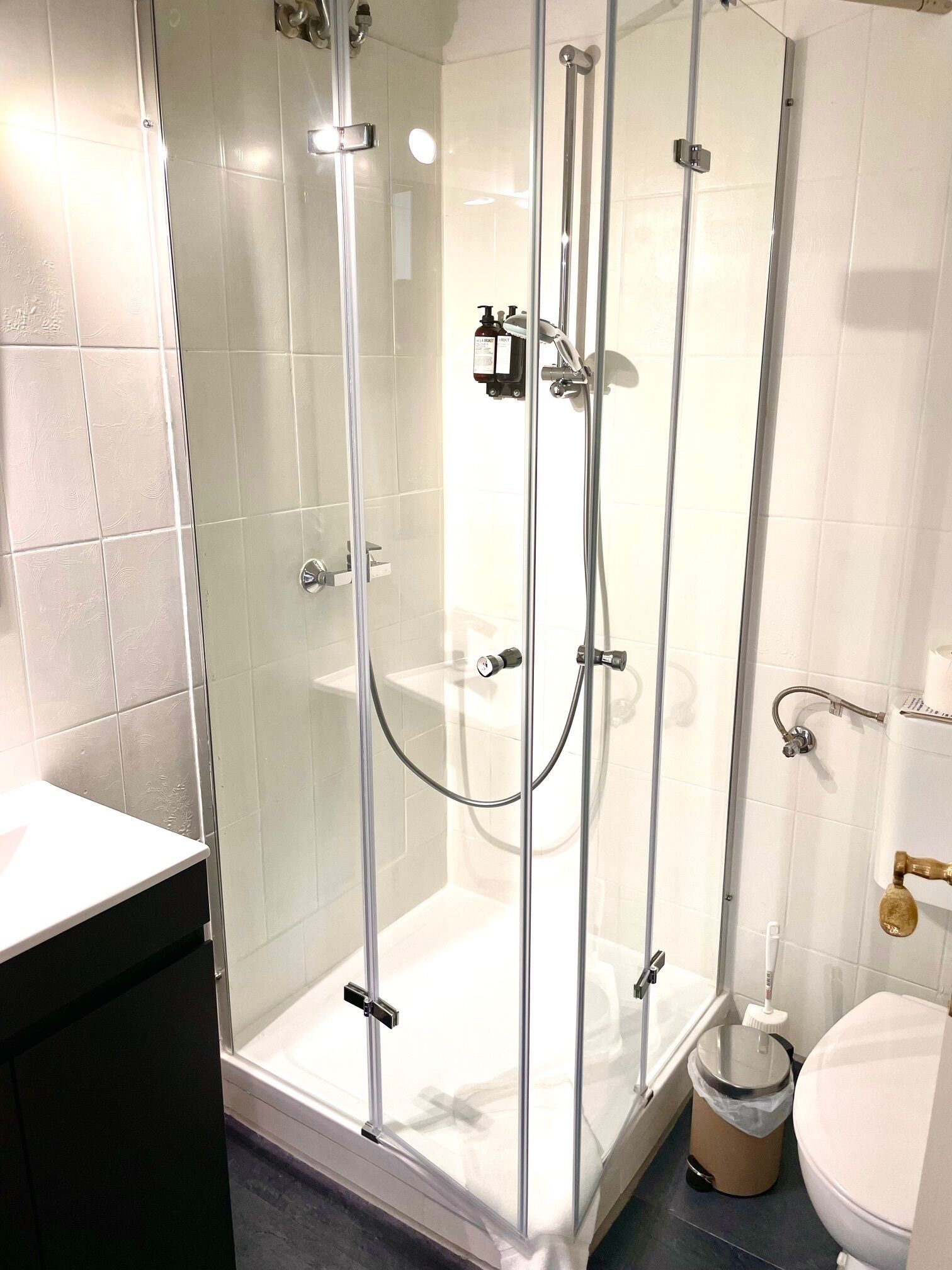 A modern bathroom with a glass-enclosed shower, a toilet, and a sink.