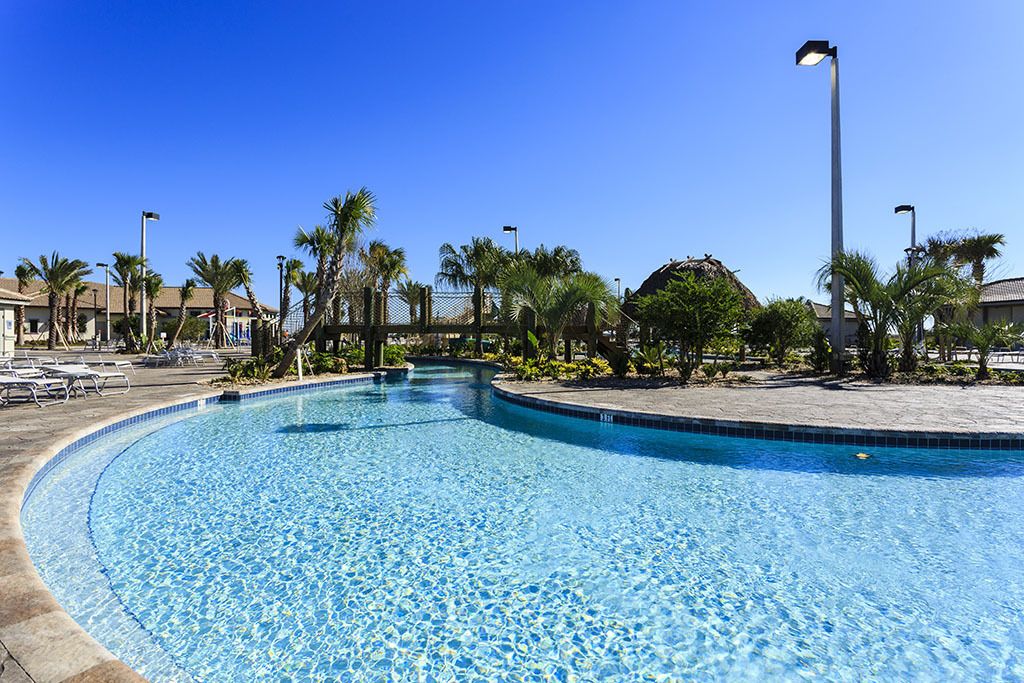 A swimming pool with a curved edge, surrounded by palm trees and lounge chairs.