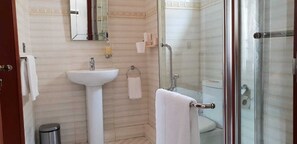 A bathroom with a sink, mirror, glass shower enclosure, and a toilet.