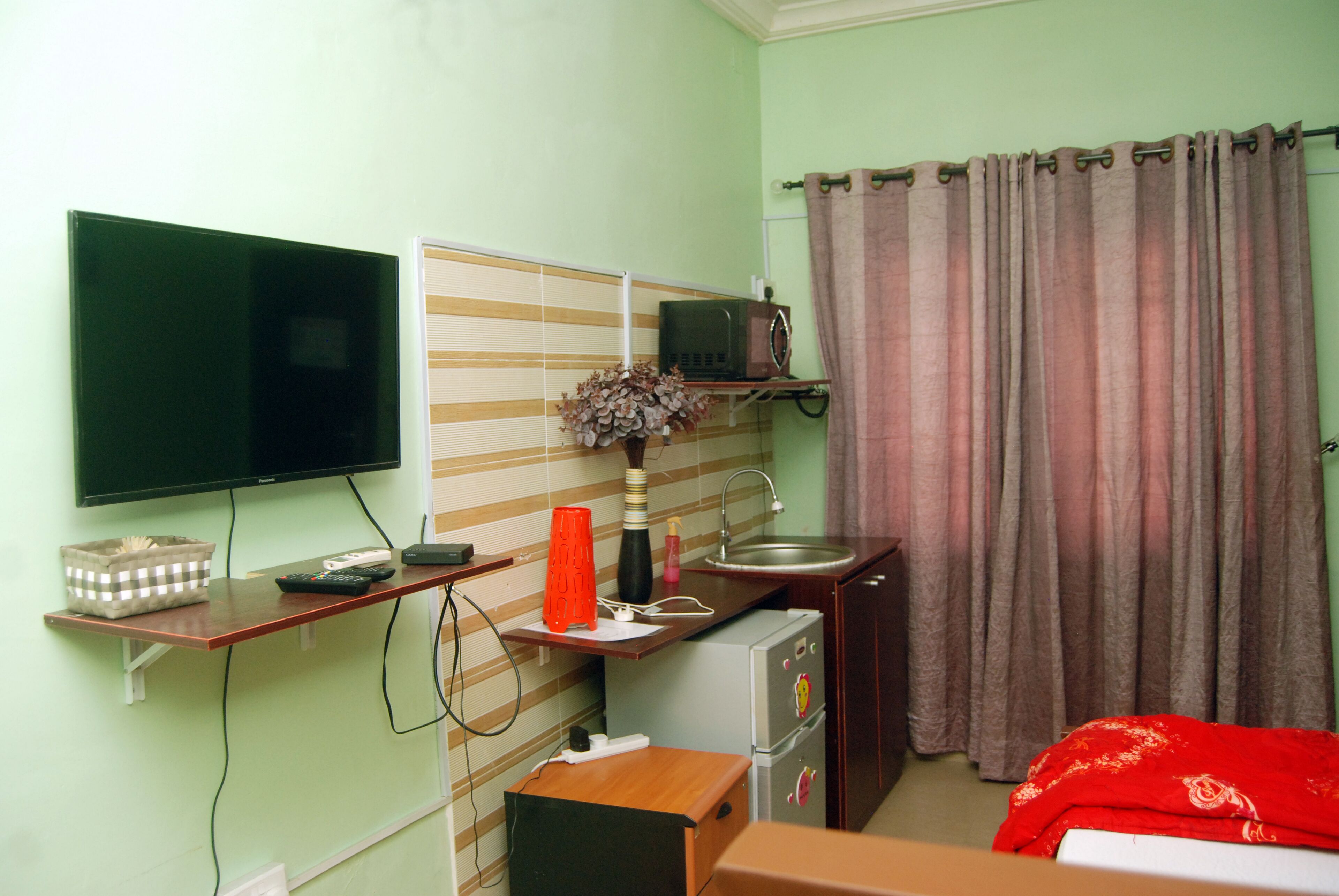 A compact kitchen with a microwave, a small refrigerator, a television, and a sink.