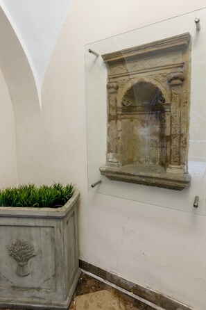 A room with a stone fireplace, a potted plant, and a white wall.