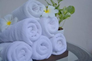 Shower, free toiletries, towels