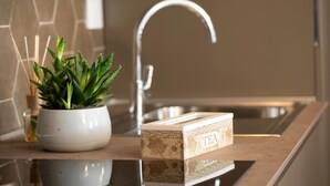 A kitchen counter with a potted plant, a tea box, and a modern faucet. - Casa Ercoli (Vinci)