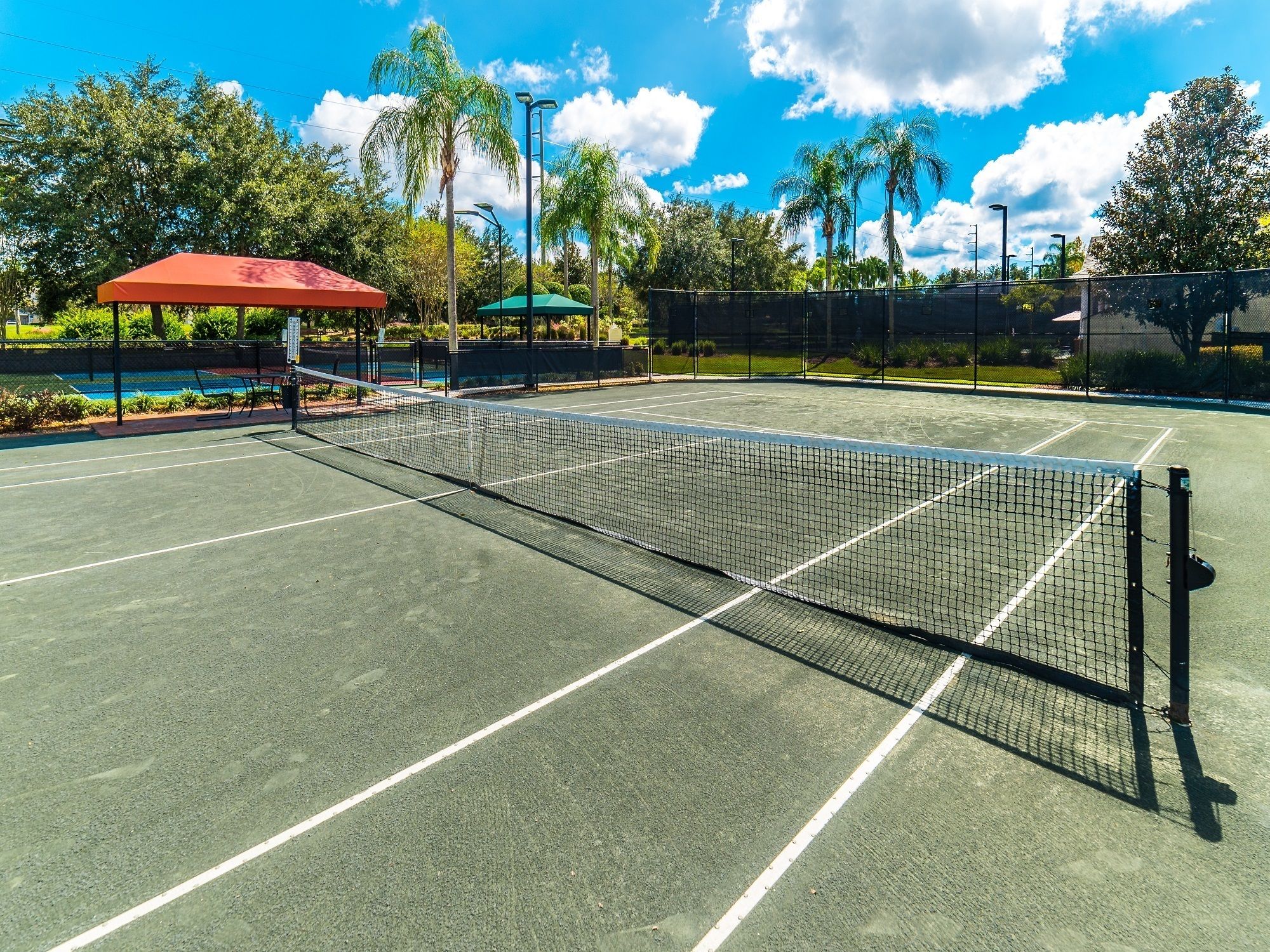 A tennis court with a net, surrounded by a fence, and palm trees in the background.