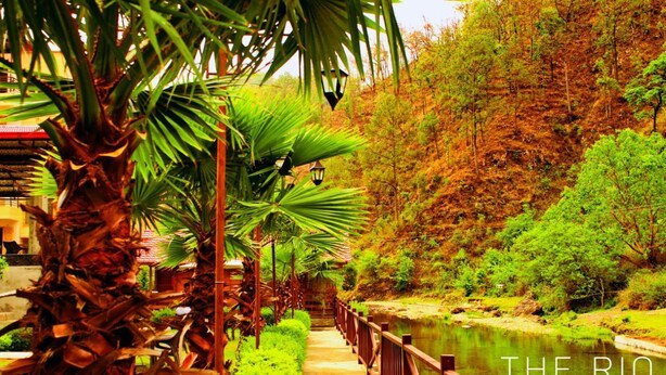 A pathway leading to a river with a wooden railing, surrounded by lush greenery and trees. - Rio Resort (Lansdowne)