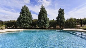 A swimming pool with clear blue water, surrounded by a black metal fence and tall evergreen trees.