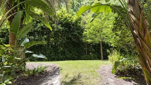 Un sendero que atraviesa un exuberante jardín con abundante follaje y diversas plantas.