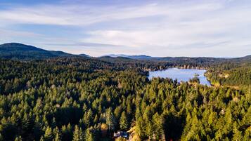 A forested landscape with a lake and a small house in the foreground.