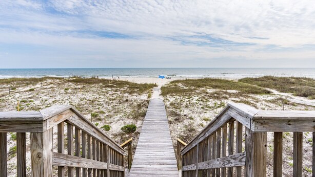 A wooden boardwalk leading to a beach with dunes and a clear sky.