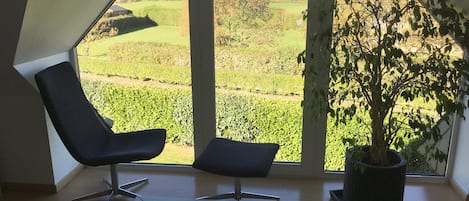 A modern room with a large window offering a view of a vineyard and the sea. There is a black chair and a potted plant.