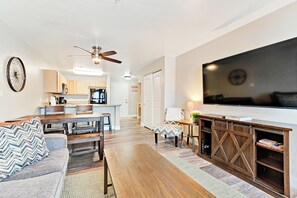 Flat-screen TV, video games, DVD player, table football