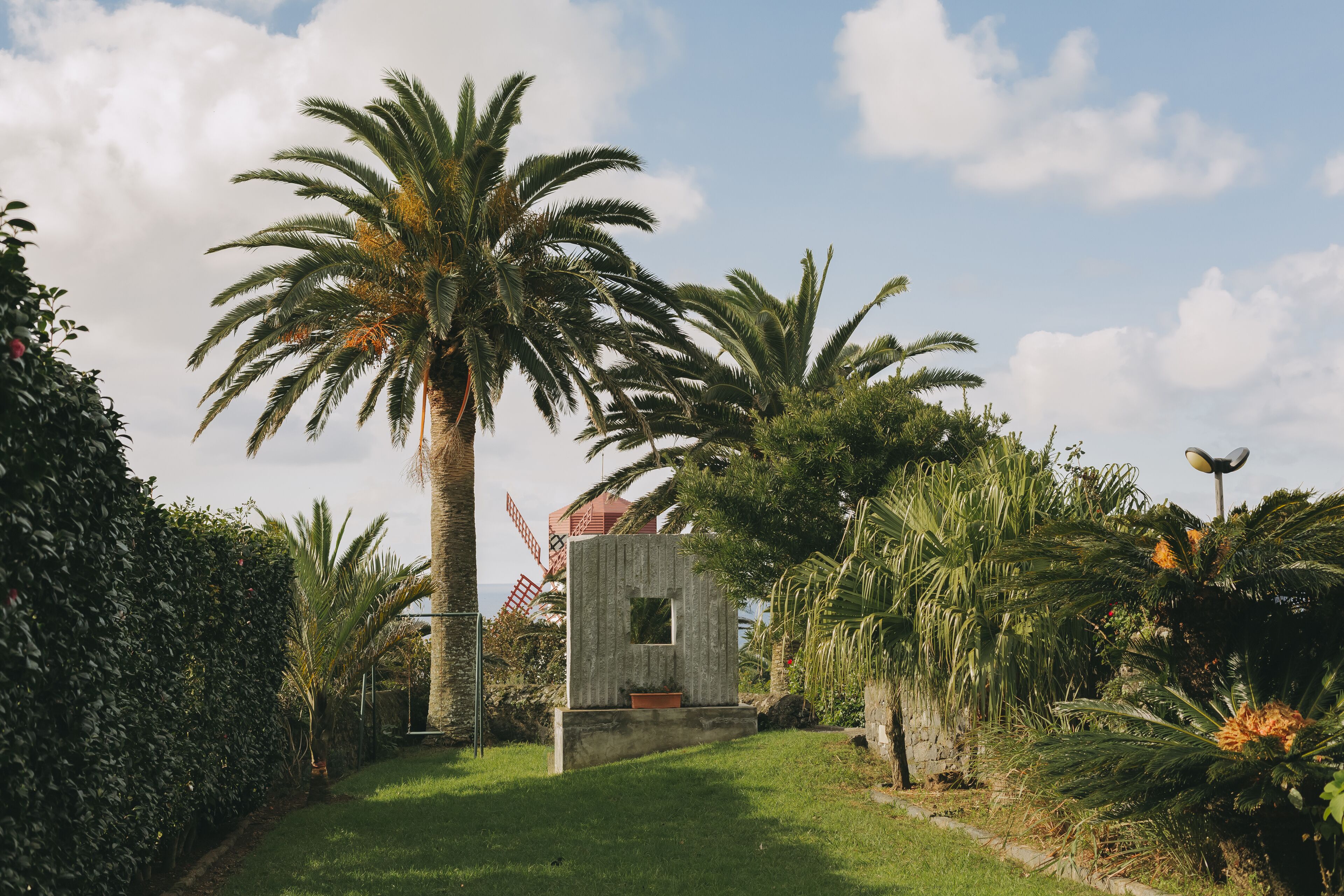 Un jardín con palmeras, una pequeña construcción de concreto y un molino de viento al fondo.