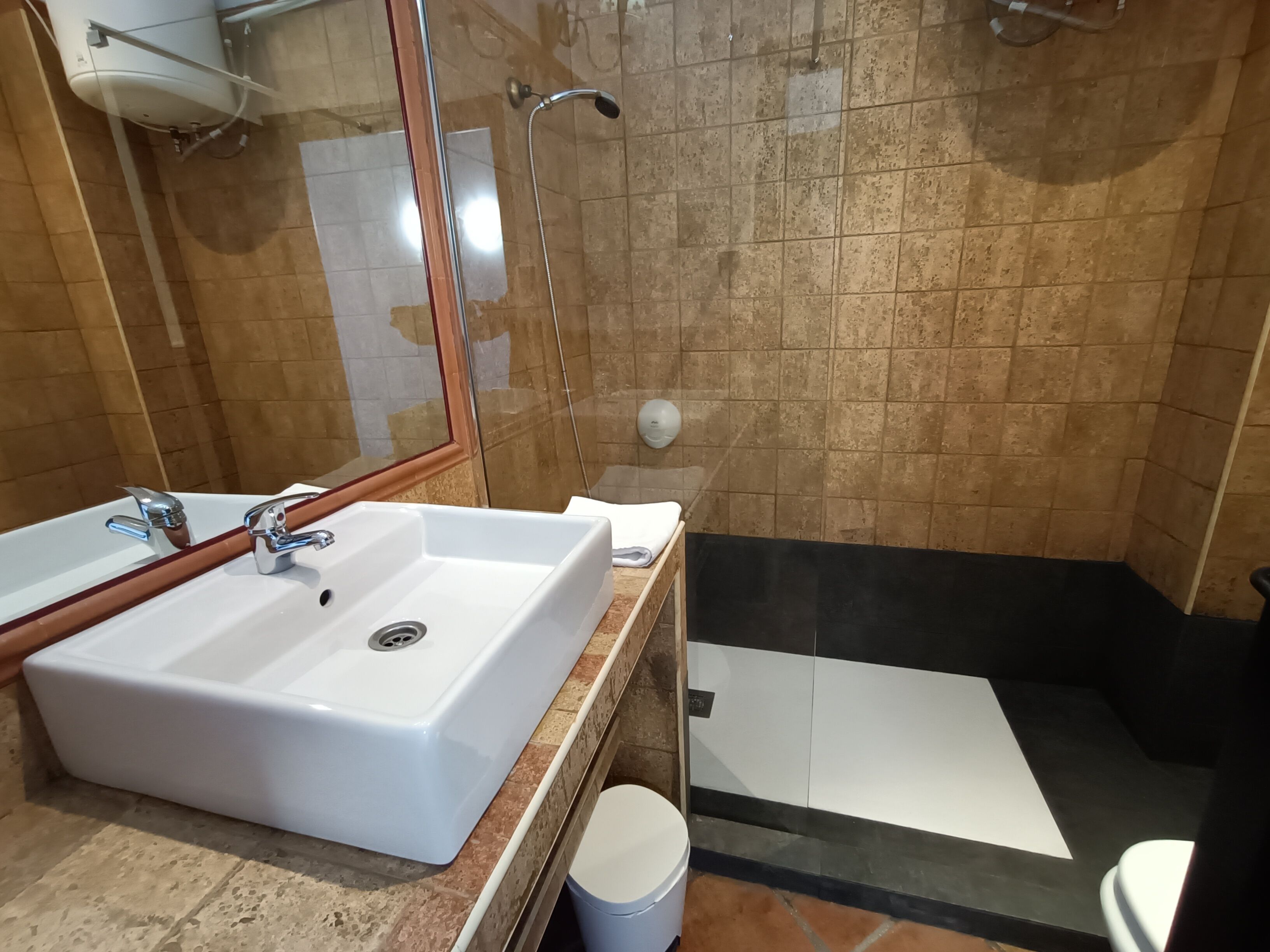 A bathroom with a white sink, a mirror, a shower, and a toilet.