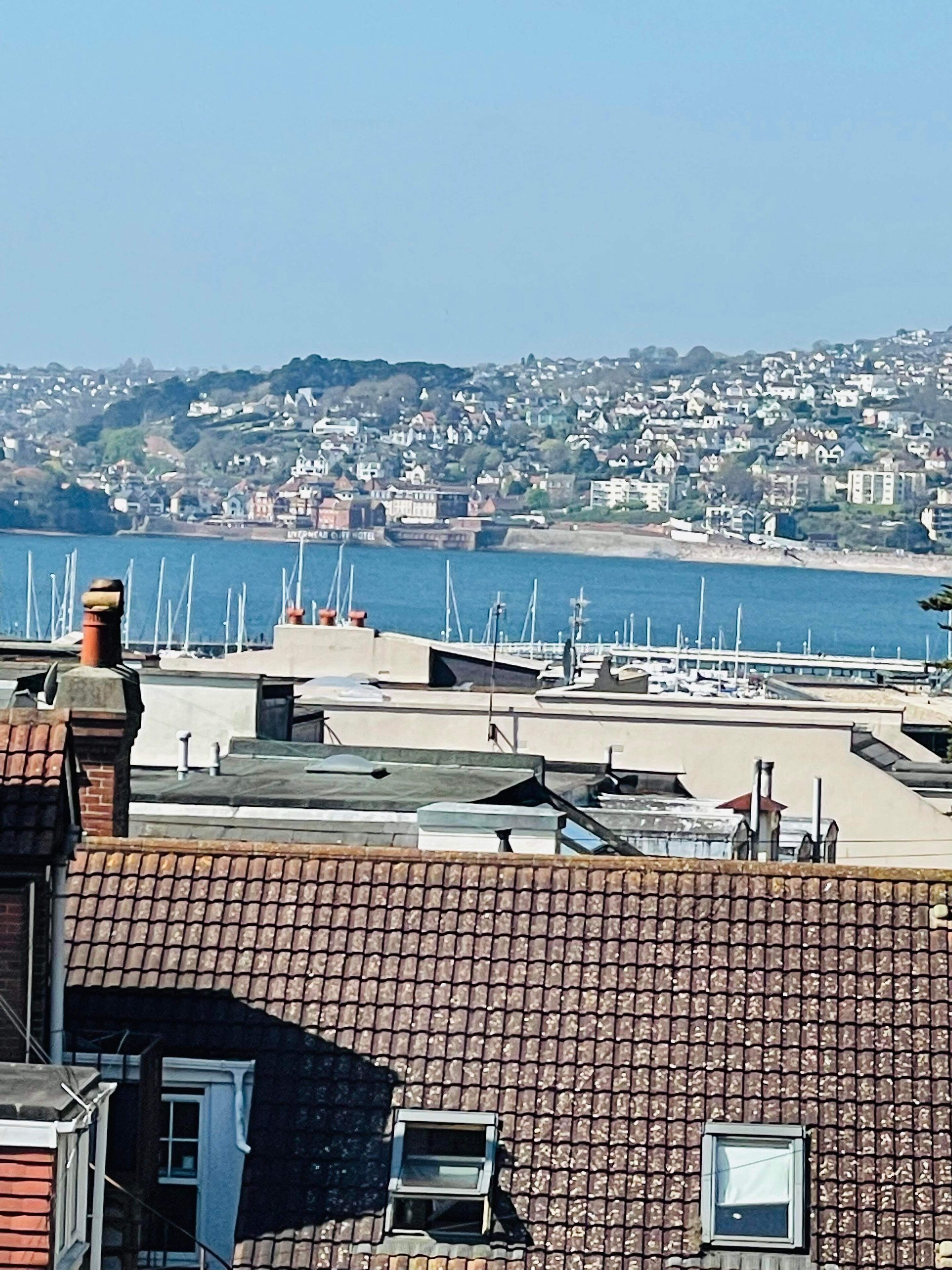 A coastal town with a marina, terraced houses, and a clear view of the sea.