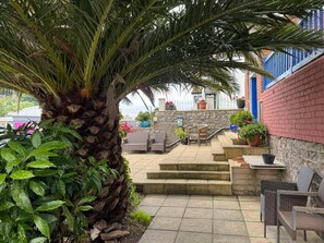 A patio area with a palm tree, outdoor seating, and a stone wall. - Hotel Hudson (Torquay)