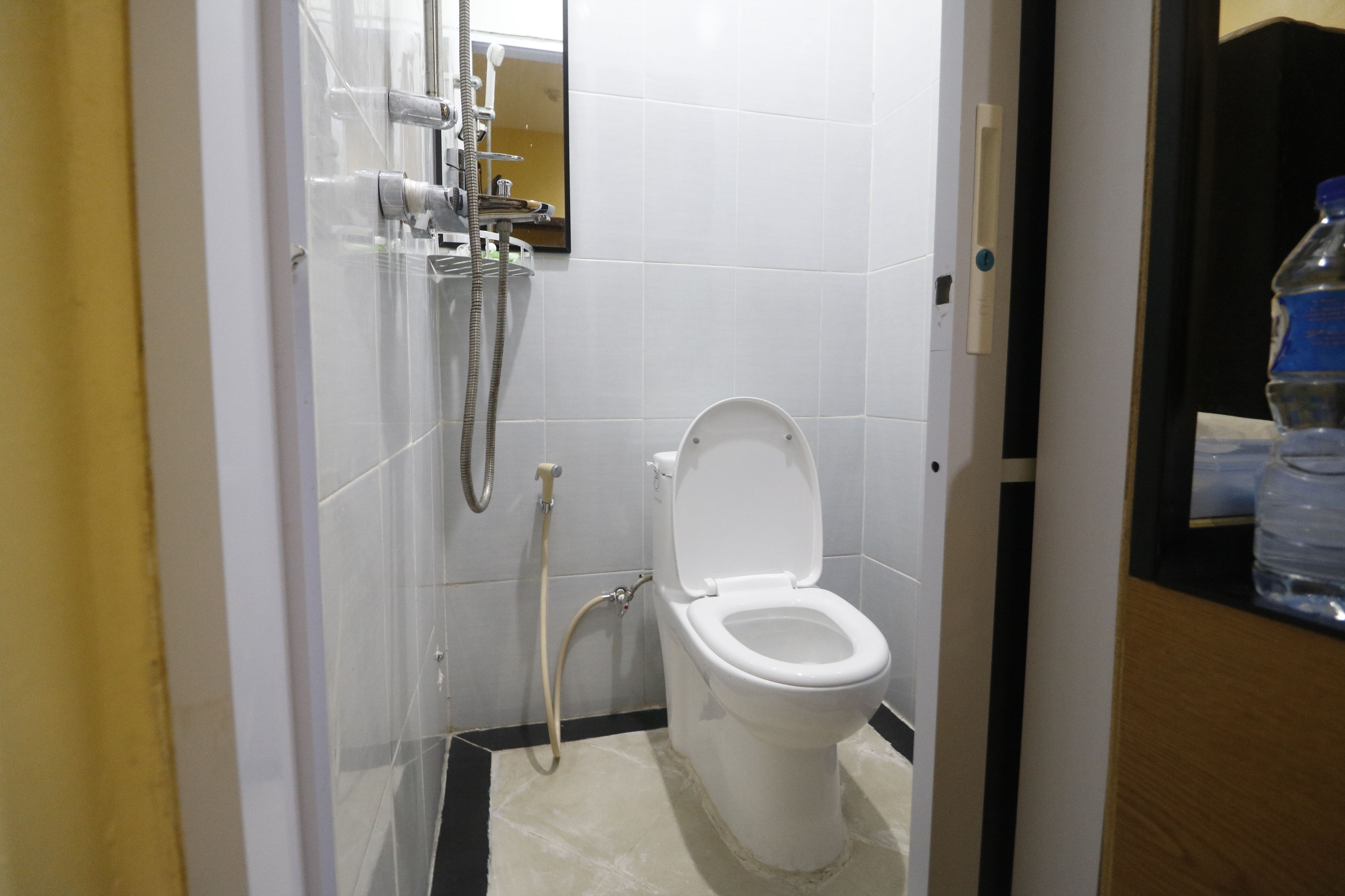 A small, compact bathroom with a white toilet, a shower, and a sink.