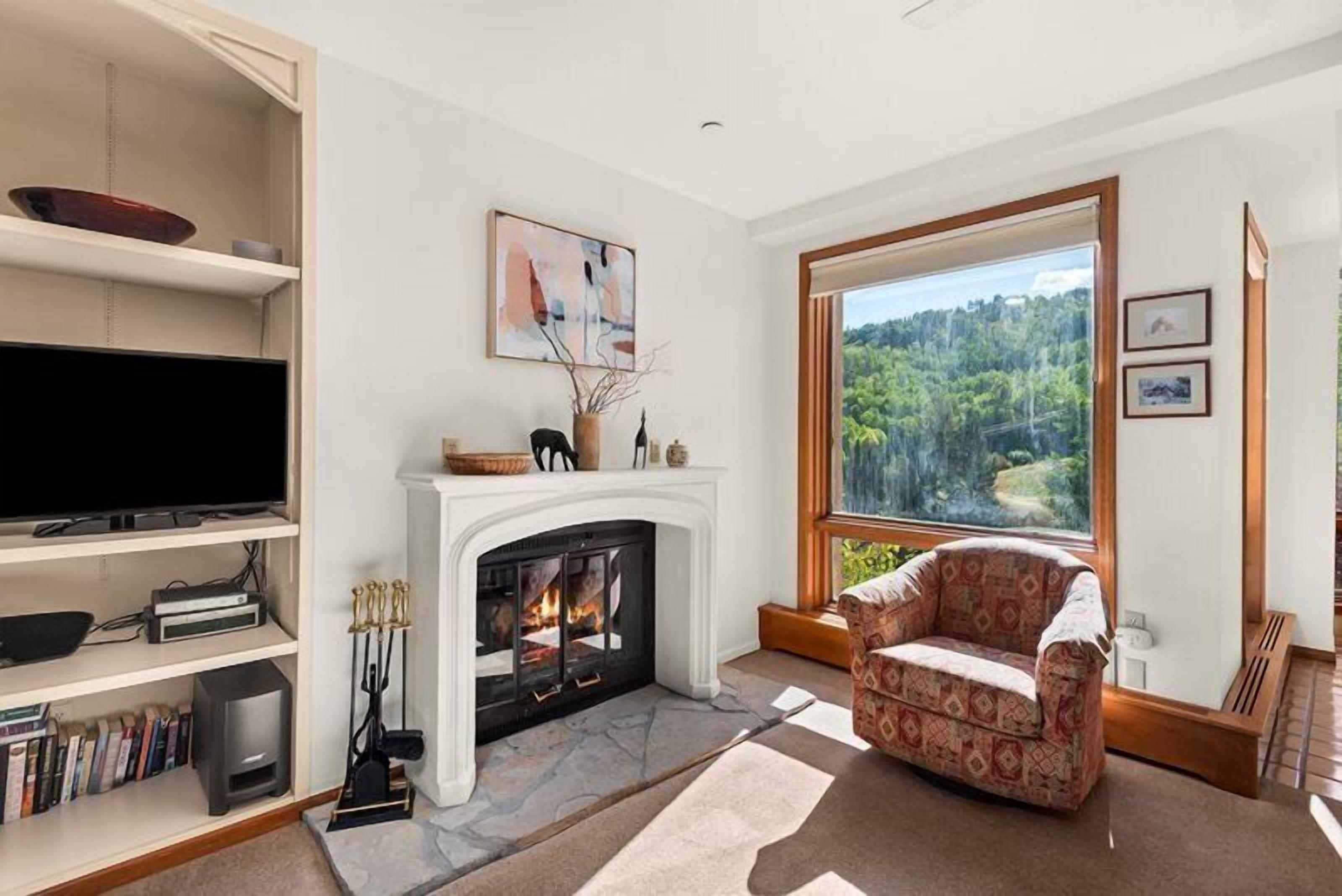 Una sala de estar con chimenea, televisor y un ventanal con vista al bosque.
