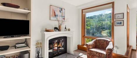 Una sala de estar con chimenea, televisor y un ventanal con vista al bosque.